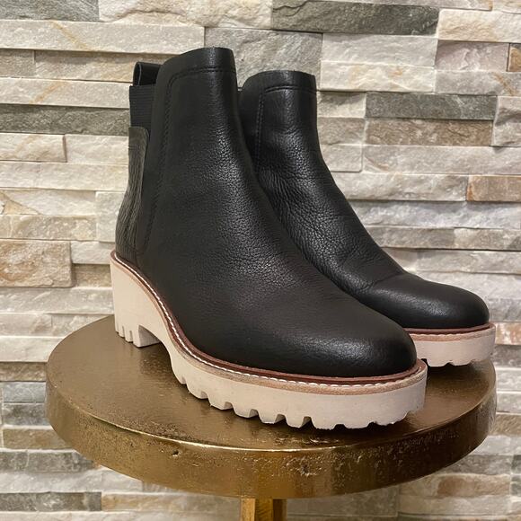 Dolce Vita 7.5 Black Leather Lug Sole Boots | Croc Detail, Chunky Heel - Picture 2 of 9